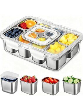 Large Stainless Steel Snack Tray with Lid & Handle - 8-Compartment Serving